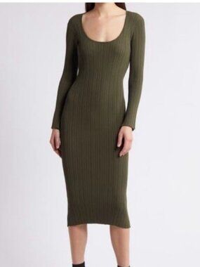 WAYF  alexi long sleeve rib dress in Olive - NEW